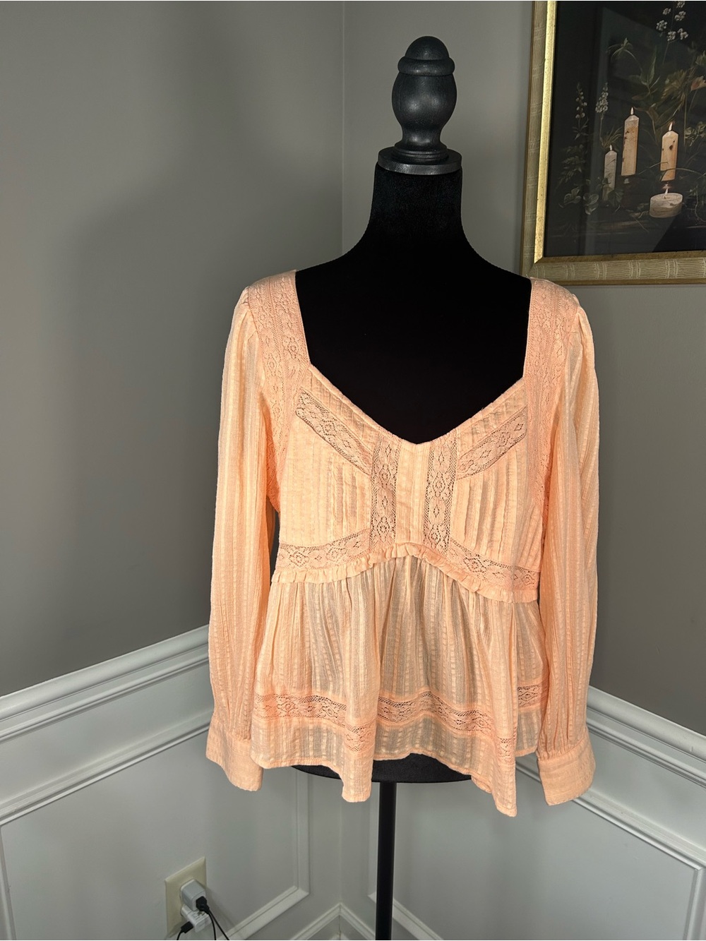 American Eagle Peach Lace Trim Peasant Babydoll Blouse Long Sleeve Boho M